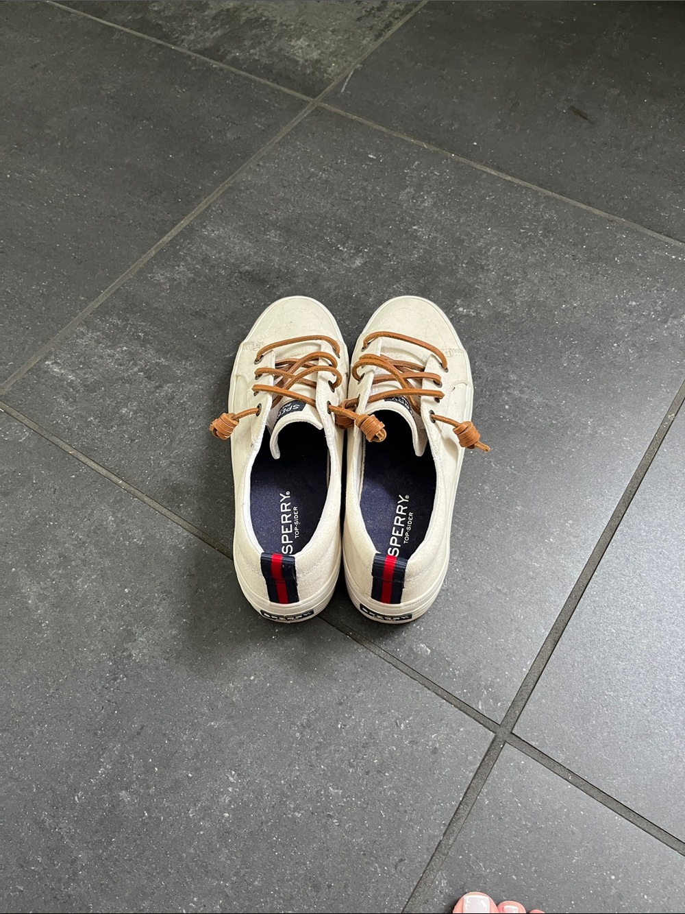 Sperry Cream Canvas Sneakers with Tan Laces and Navy/Red Heel Stripe